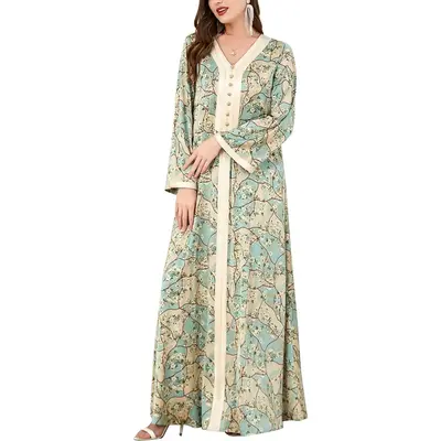Abaya Dress for Women β Muslim Modest Maxi Robe with Floral V Neck, Eid Prayer Dresses, Dubai Arabian Islamic Kaftan