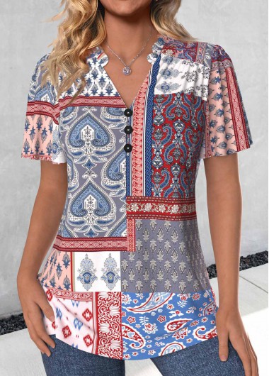 Modlily Multi Color Button Patchwork Short Sleeve V Neck Blouse - XXL