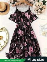 【plus Size】floral Print Cold Shoulder Vintage A Line Dress, Summer Dresses, Boho Summer Dresses, Short Sleeve High Waist ...