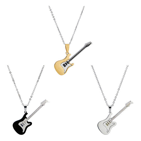 3Pcs 3 Colors Stainless Steel Guitar Pendant Necklaces Set for Women Men