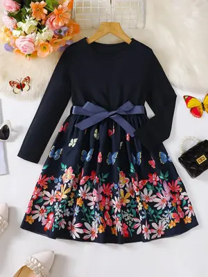 Girl's Floral & Butterfly Print Belted Dress, Elegant Long Sleeve Round Neck A Line Dress for Party Holiday Wedding Guest, Ki...