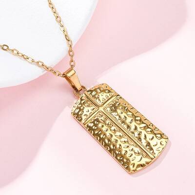 Texture Rectangle with Cross 304 Stainless Steel Pendant Necklaces