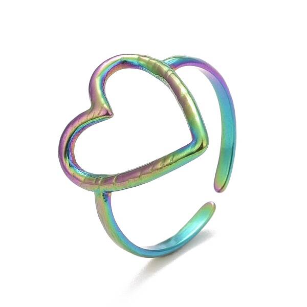 Ion Plating(IP) Rainbow Color 304 Stainless Steel Open Heart Cuff Ring for Women