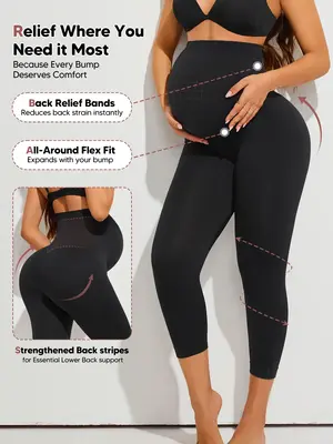Maternity Compression Leggings Over Belly Support, Supportive Seamless High Waist Pregnancy Tights, Soft Stretchy 3/4 Cropped...