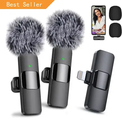 2 Pack Lavalier Wireless Microphone for iPhone Smartphone iPad, Wireless Lapel Microphone with Clear Audio for Recording, Wi...
