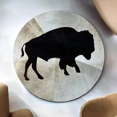 Cowhide Patchwork Round Rug, Flower, Spiral, Compass, Star, Moon, Buffalo and Horn Shape Round Rugs