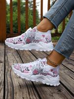 Women's Fashionable Floral Print Lace Up Pink Low Top Sneakers, Athletic Shoes, 2025 New Style Casual Comfortable Breathable ...