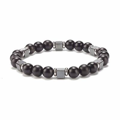 Natural Wood & Synthetic Hematite Beaded Stretch Bracelet