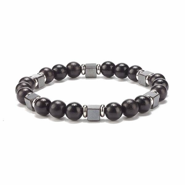 Natural Wood & Synthetic Hematite Beaded Stretch Bracelet