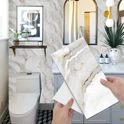 Marble Pattern Wallpaper, 24pcs/set Self-adhesive Waterproof Wall Sticker, Removable Retro Wallpaper Waterproof Decals, Wall ...