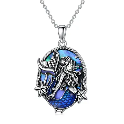 Sterling Silver Oval Abalone Shellfish Mermaid Pendant Necklace