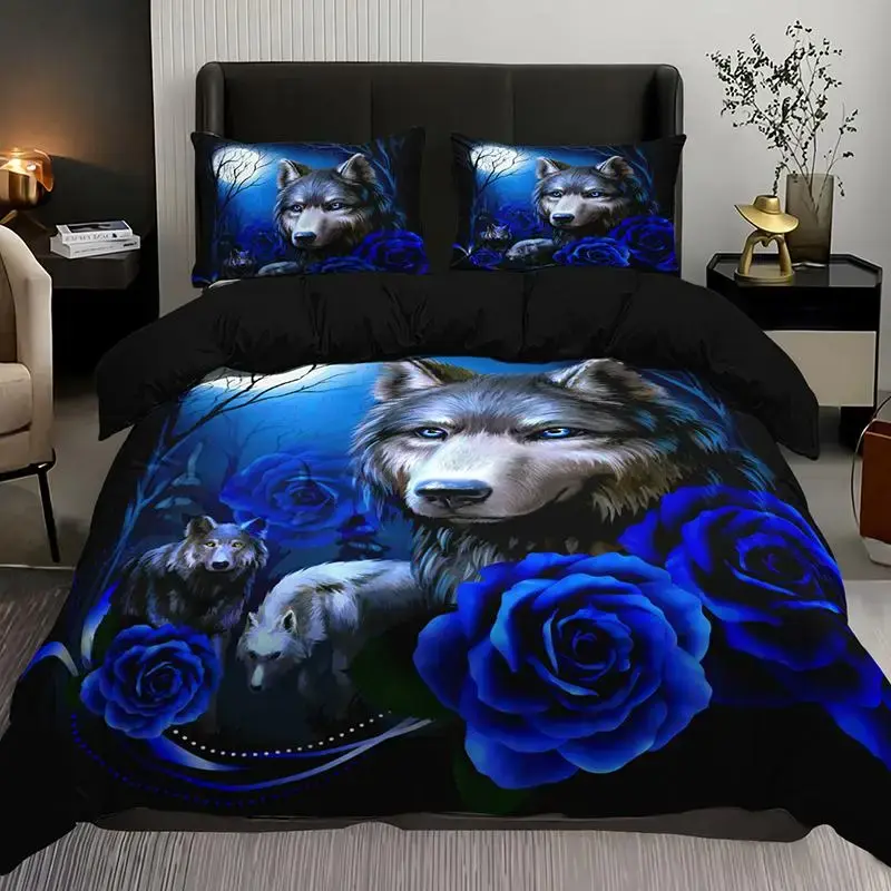 Wolf & Rose Print Bedding Set, 3 Counts Soft Comfortable Duvet Cover & Pillowcases without Filler, Home Decor Modern Trendy W...