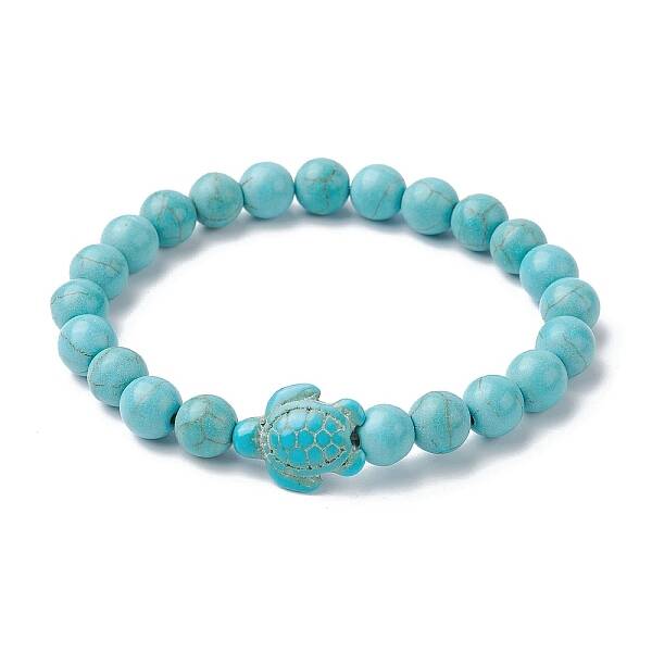 Synthetic Turquoise Turtle Beaded Stretch Bracelet