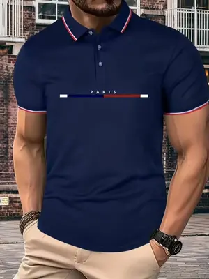 Men's Regular Fit Letter Print Contrast Binding Polo Shirt, Casual Short Sleeve Button Front Top for Summer, Summer Outfits ...