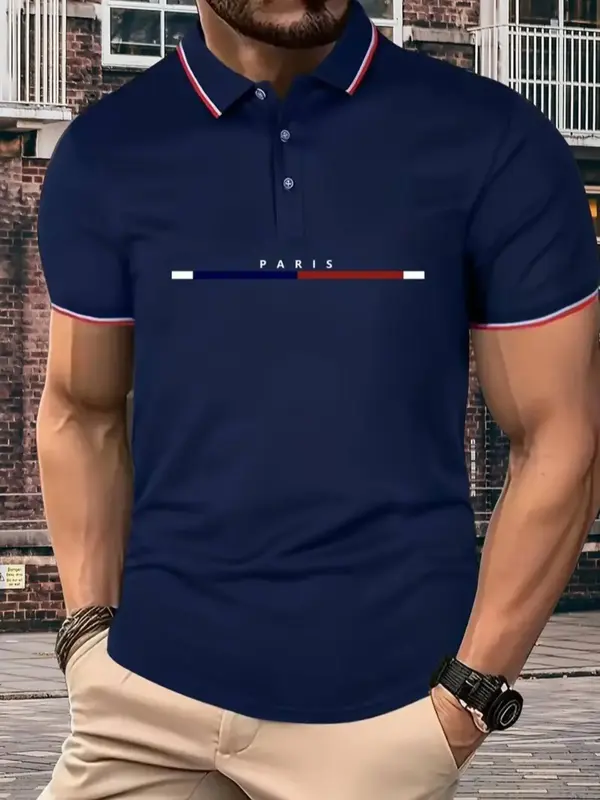 Men's Regular Fit Letter Print Contrast Binding Polo Shirt, Casual Short Sleeve Button Front Top for Summer, Summer Outfits ...