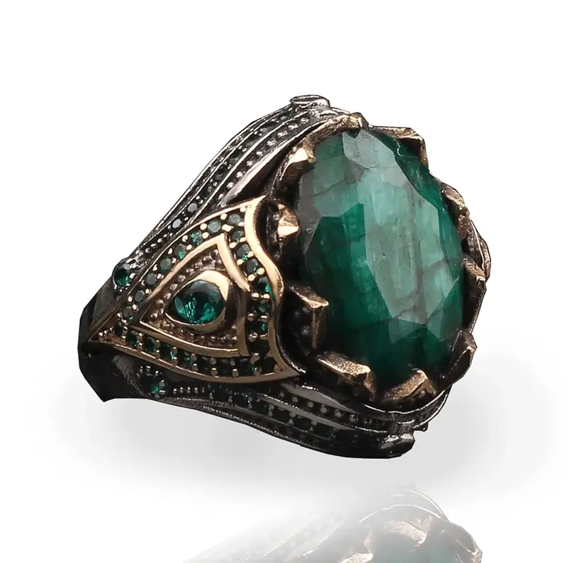 10K Gold Emerald Handmade Engraved Valentines Day Gifts Turkish Band for Men