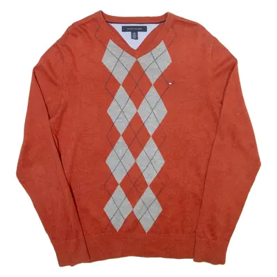 TOMMY HILFIGER Mens Patterned Jumper Orange Argyle V-Neck Tight Knit S