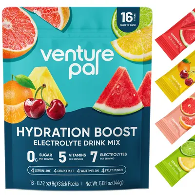 Venture Pal Sugar Free Electrolyte Powder Packets - Liquid Daily IV Hydration Packets for Rehydration | 5 Vitamins & 7 Electr...