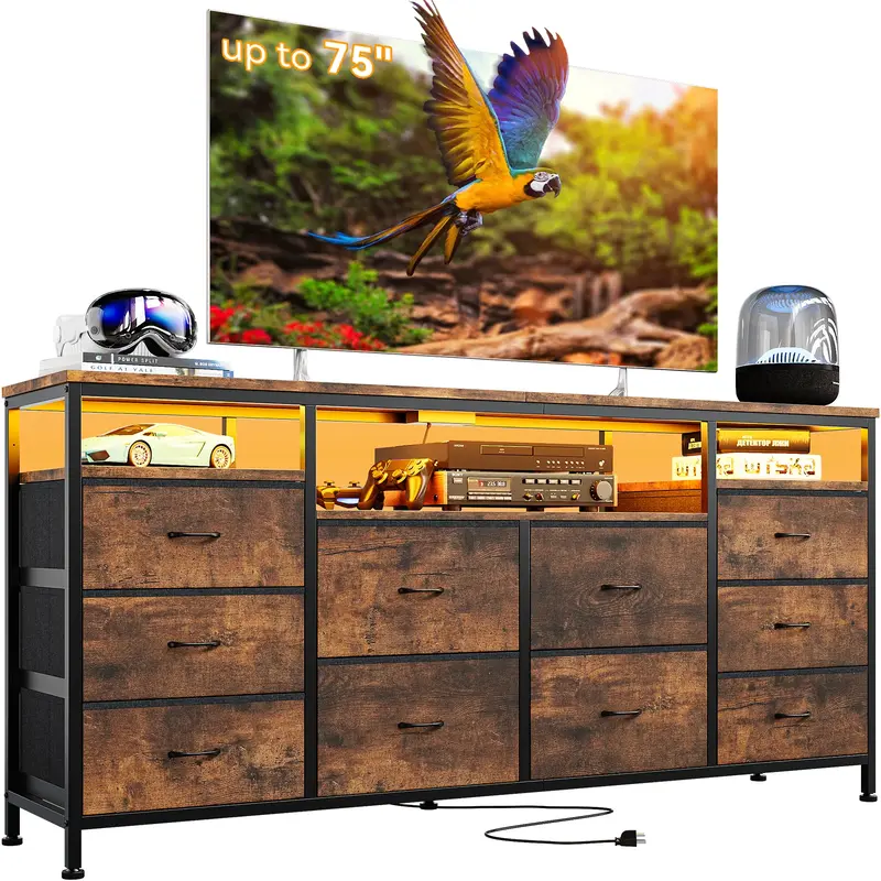 Garvee 63.3 Wide Dresser TV Stand with 10 Fabric Drawers, USB Charging, LED Lighting, Solid Wood & Metal Frame, Fits 75 T...