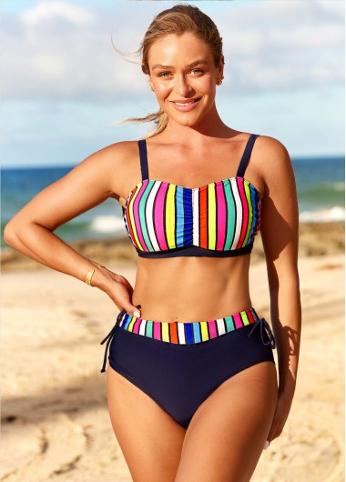 Modlily Rainbow Color High Waisted Striped Bikini Set - XXL