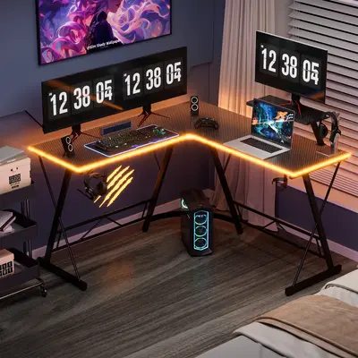 L Shaped Gaming Desk Corner Computer Desk, Home Office Desks Writing Workstation with Large Monitor Stand, Easy to Assemble (...