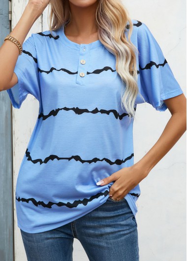 Modlily Light Blue Button Striped Short Sleeve T Shirt - M