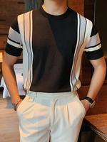 Men's Striped Print Knit Top, Regular Fit Casual Fashion Comfy Short Sleeve Pullover for Daily Wear, Men's Knitwear for All S...