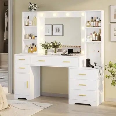 Sikaic 48.8 Inches Large Makeup Vanity Desk with Lighted Mirror & Power Outlet Glass Tabletop Bedroom Dressing Table