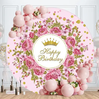Aperturee Pink Floral Round Gold Glitter Birthday Backdrop
