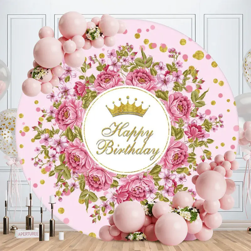 Aperturee Pink Floral Round Gold Glitter Birthday Backdrop
