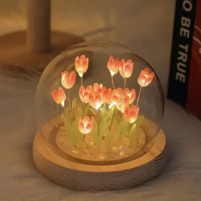 Tulip Flower Night Light With Glass, Cover Handmade DIY Bedside Light LED Night Lamp, Table Desk Lamp Bedroom Decor USB Mood ...