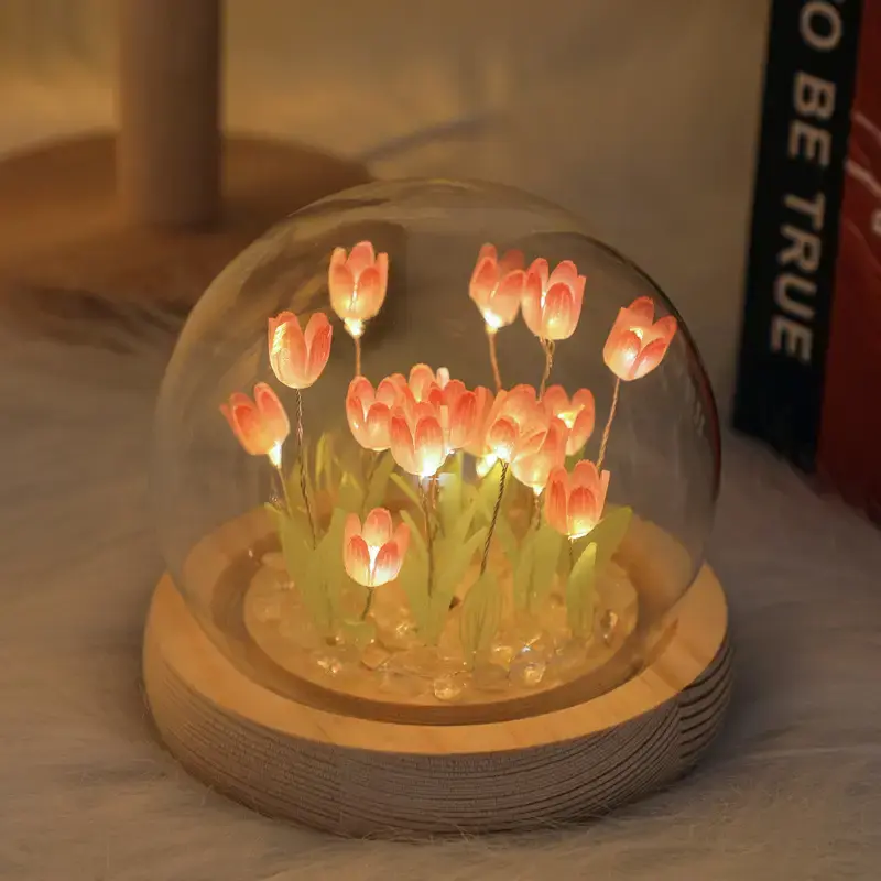 Tulip Flower Night Light With Glass, Cover Handmade DIY Bedside Light LED Night Lamp, Table Desk Lamp Bedroom Decor USB Mood ...