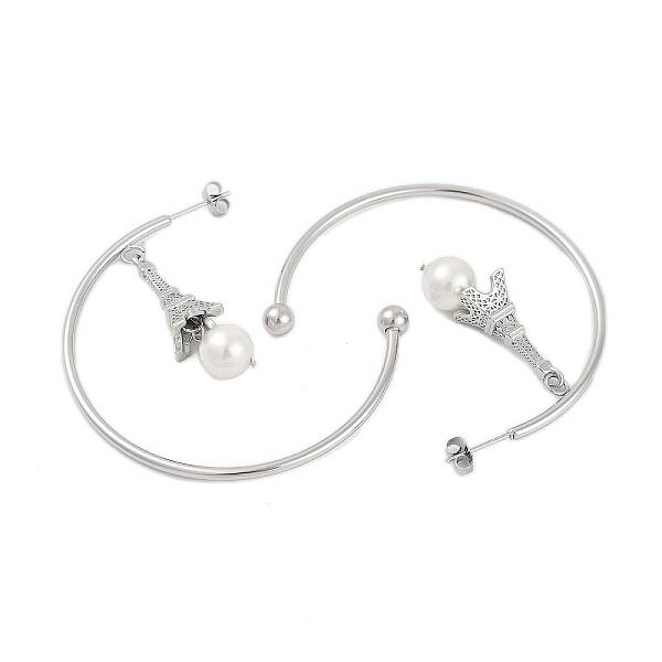 304 Stainless Steel C-Shaped with Eiffel Tower Stud Earrings for Women