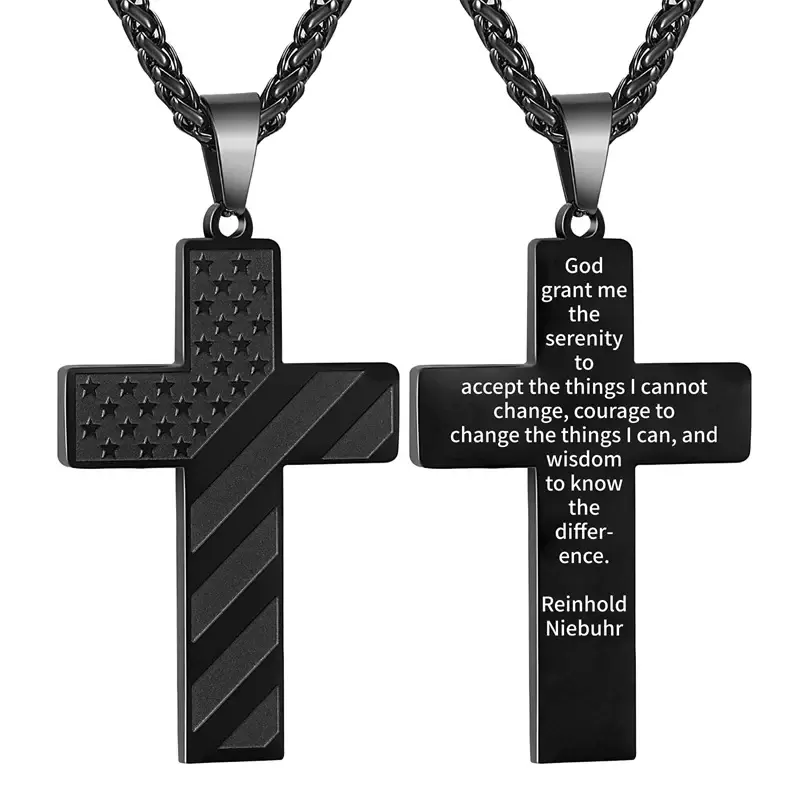 Sterling Silver with Black Rhodium Color Personalized Engraving & Cross Pendant Necklace