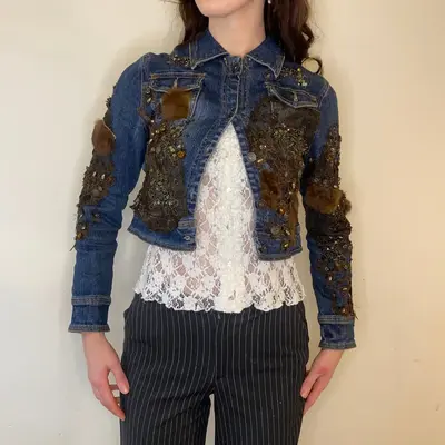 Rosa & Rose Embroidered Denim Jacket - Small Blue Cotton
