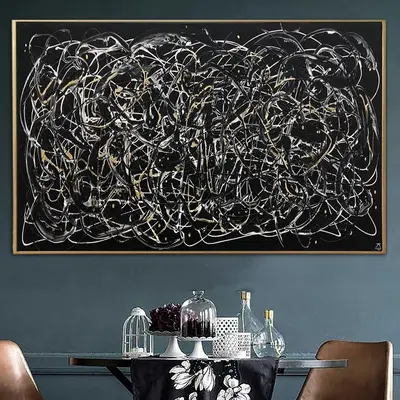 Jackson Pollock Style Aesthetic Painting on Canvas Wall Art Black and White Creative Artwork Customized Painting for Room Dec...