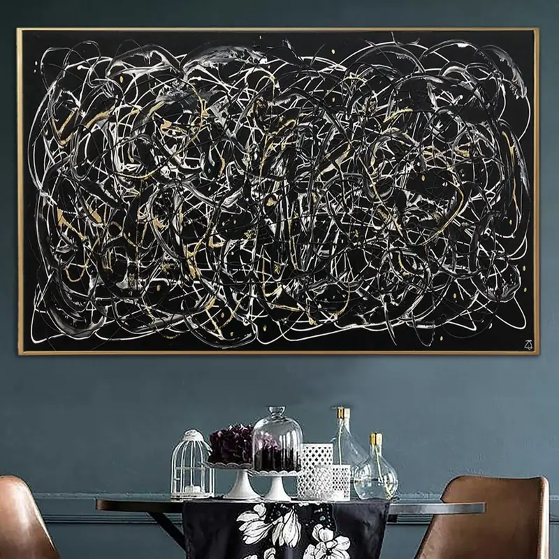 Jackson Pollock Style Aesthetic Painting on Canvas Wall Art Black and White Creative Artwork Customized Painting for Room Dec...