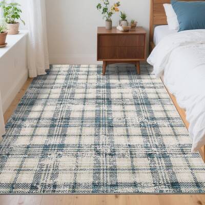 Garvee Washable 4x6 Area Rug Tartan Plaid Non-Slip Entryway Rug, Neutral Farmhouse Living Room Rug Soft Stain Resistant Low P...