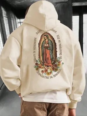 Men's Letter & Virgin Mary Print Drop Shoulder Hoodie, Fashion Casual Regular Fit Drawstring Pocket Hooded Sweatshirt for Dai...
