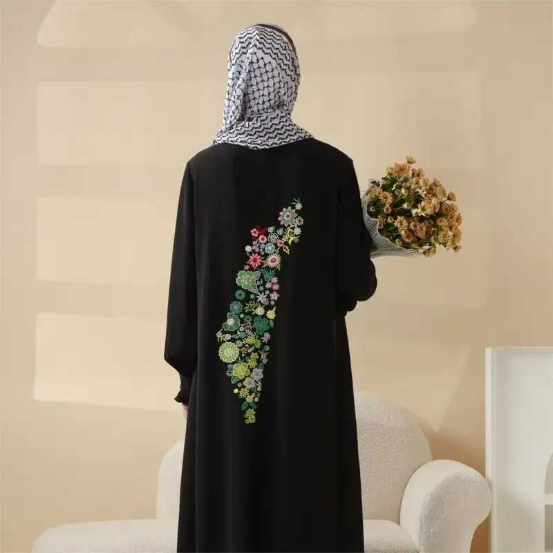 Modest Pullover  with Palestinian Embroidery, Elegant Ruffled Cuff Maxi Dress (MA141) abaya women tiktok shop abaya elegant f...