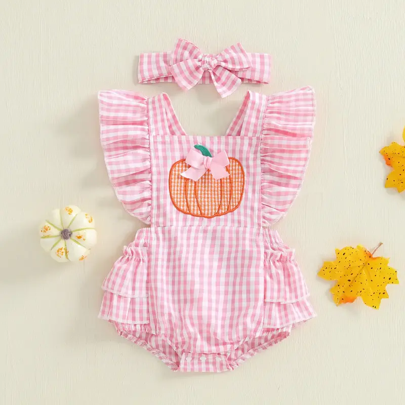 Infant Baby Girl Halloween Outfits Ruffle Sleeveless Bow Pumpkin Embroidery Romper with Headband Set 0-18 Months