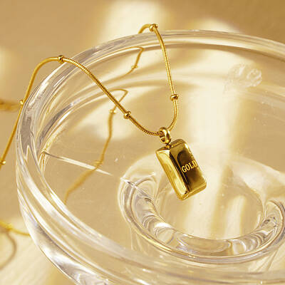 Vintage Stainless Steel Gold Brick Pendant Necklaces for Women's Daily Wear