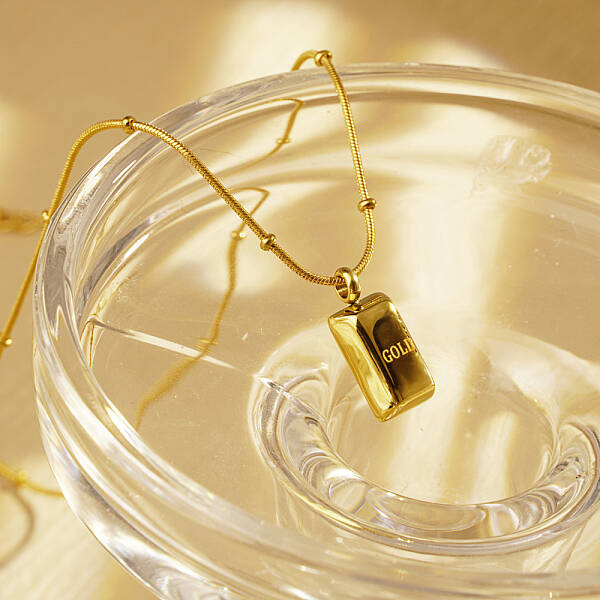 Vintage Stainless Steel Gold Brick Pendant Necklaces for Women's Daily Wear