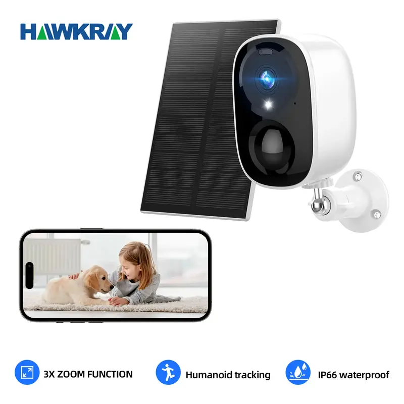 Hawkray Solar CCTV wireless Camera Indoor Outdoor Wifi HD 2K Resolution Home Security Surveillance Video Night Version Cam B...