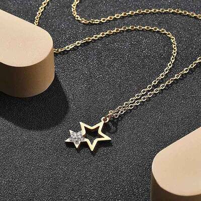 304 Stainless Steel Crystal Rhinestone Double Star Pendant Cable Chain Necklaces