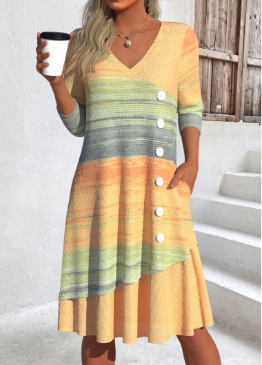 Modlily Yellow Patchwork Ombre A Line Long Sleeve Dress - XL
