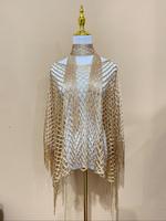Women's Solid Color Long Tassel Decor Shawl & Chain Decor Poncho Set, Boho Style Shawl, Trendy Solid Fringe Trim Shawl, Casua...