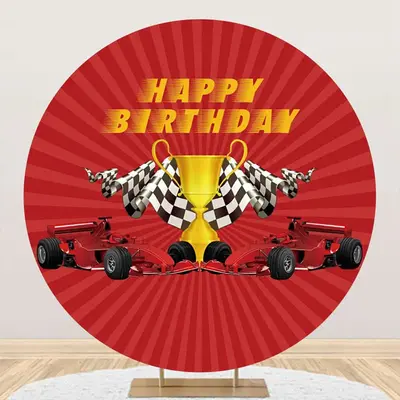 Red Stripe Trophy Racing Car Round Birthday Backdrop