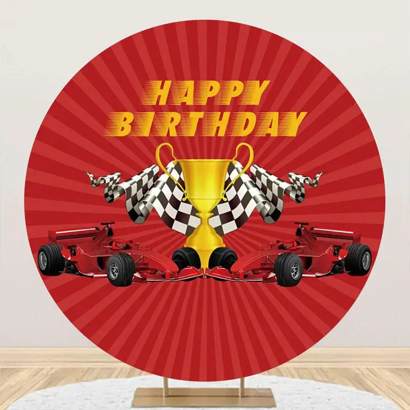 Red Stripe Trophy Racing Car Round Birthday Backdrop