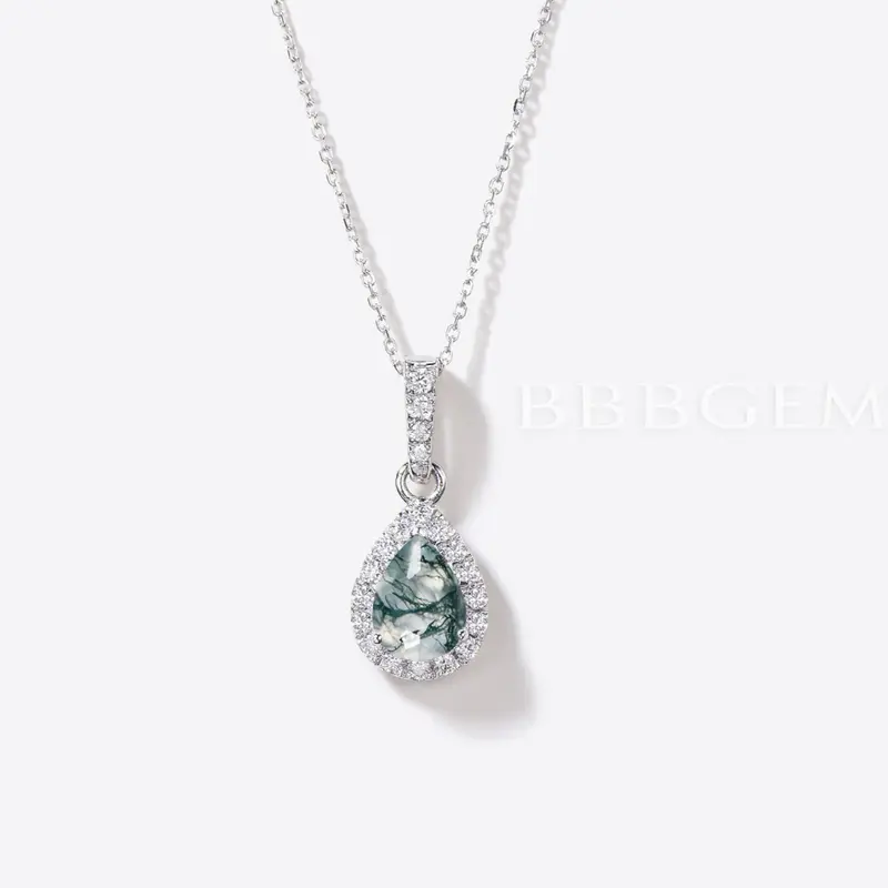 Teardrop Green Moss Agate Pendant Diamond Halo Necklace Charm Necklace